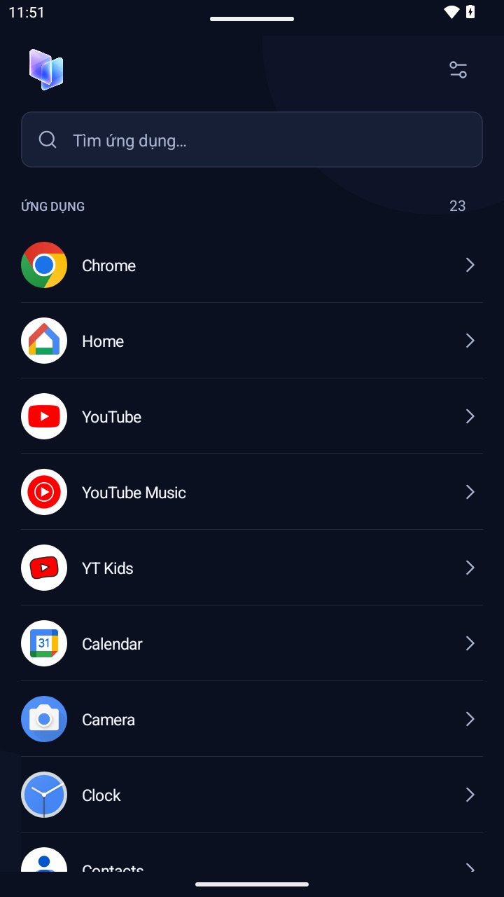 Màn hình chính của app: danh sách ứng dụng để chọn